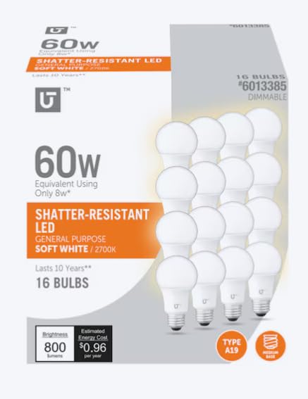 Utilitech 16-Pack Dimmable LED A19 Bulbs, Soft White